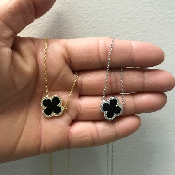 925 Sterling Silver CZs Onyx Four Leaf Clover Neck - Picture 4 of 5